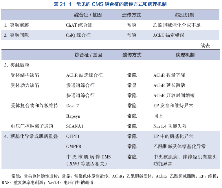 表 21-1 常见的 CMS 综合征的遗传方式和病理机制